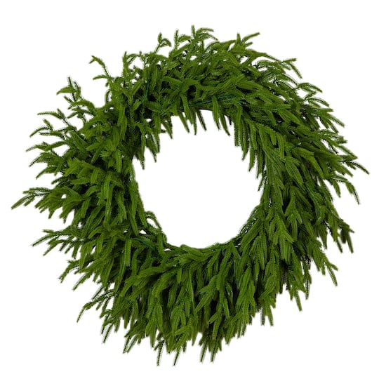 24in. Pre-Lit Artificial Real Touch Norfolk Island Pine Wreath W/ 50 Warm White LED Lights, Natural Look By Nearly Natural , 24" x 5" x 24" ,